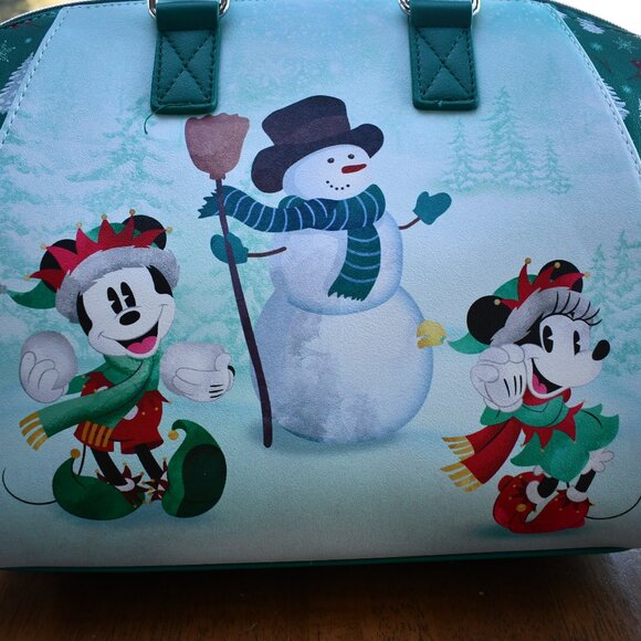 Loungefly Disney Mickey & Minnie Mouse Snowman Holiday Christmas Satchel Bag NWT - Picture 2 of 8